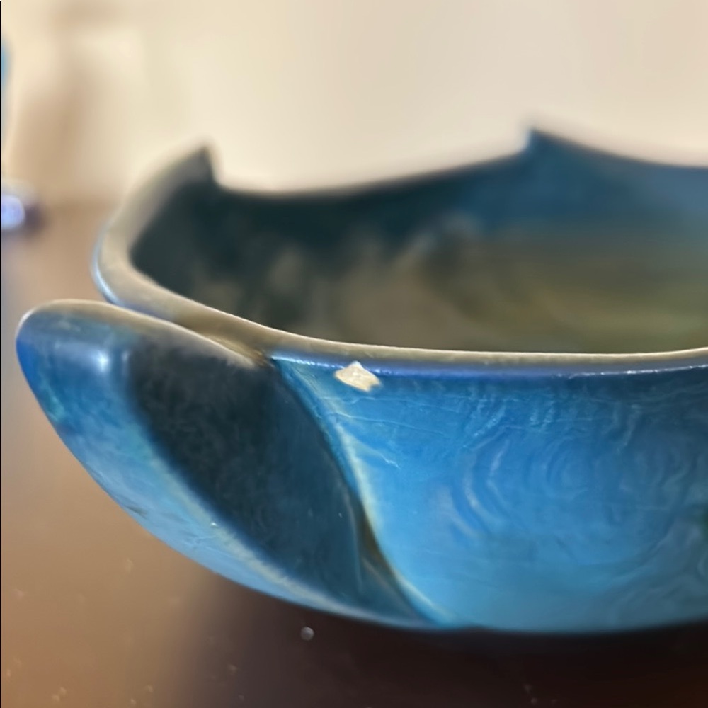 Roseville USA 475-12” Blue Zephyr Lily (yellow) Ceramic Art Bowl Vintage - Picture 12 of 14